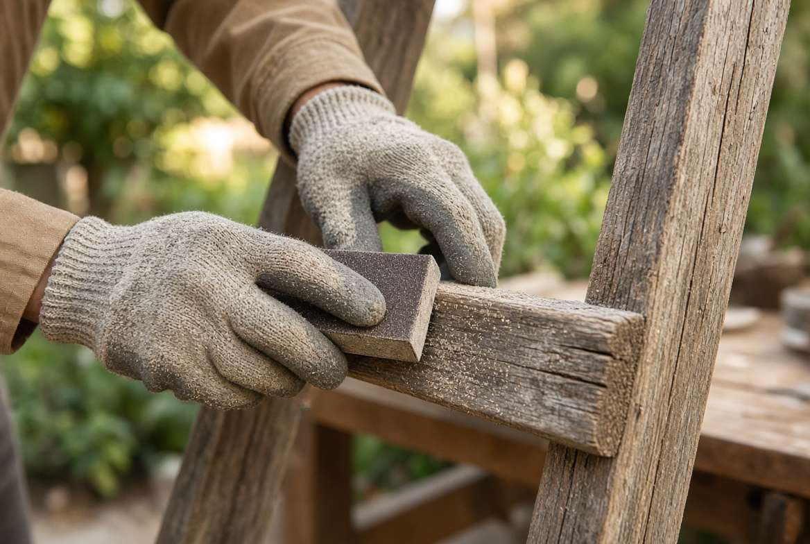 Close-up of hands sanding an old wooden ladder to prepare it for a vertical garden.