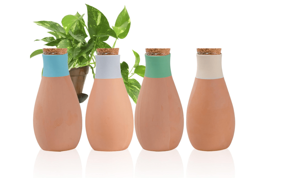 MKNZOME Terracotta Watering Spikes, 4 Pack Plant Watering Devices Self Watering Spikes Vacation Clay Watering Stakes Garden Plant Watering Globes for Indoor.