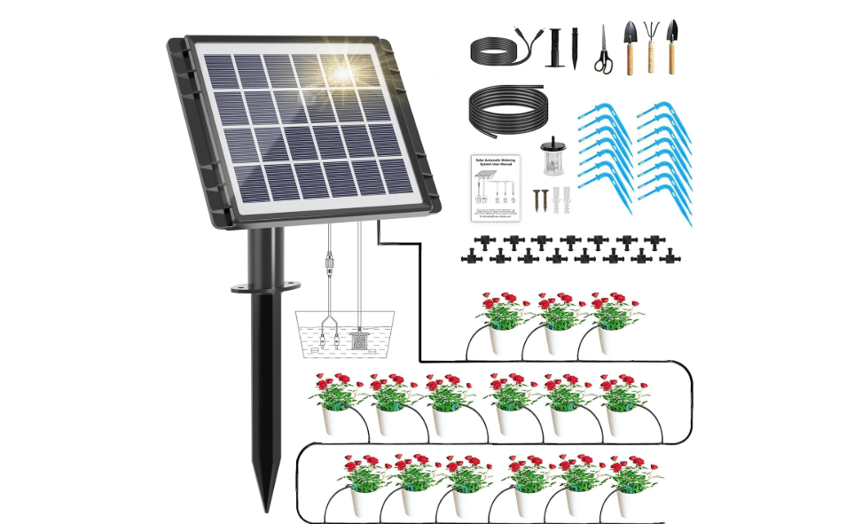 HEKIWAY 49FT Solar Drip Irrigation System Kit, Auto Watering for 15 Pots | 25 Timer Modes, 900ml/min Flow, Solar and Usb Power for Indoor Outdoor