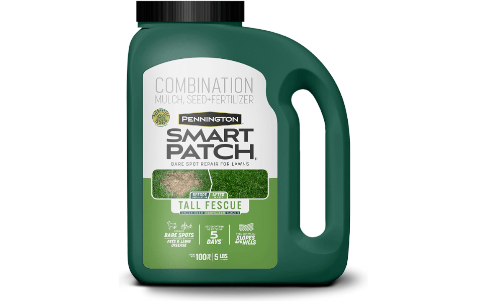 Pennington Smart Patch Tall Fescue Grass Seed Bare Spot Repair, 5 lb Jug | Grass seed and fertilizer all in one with mulch, tackifier for slopes and rain