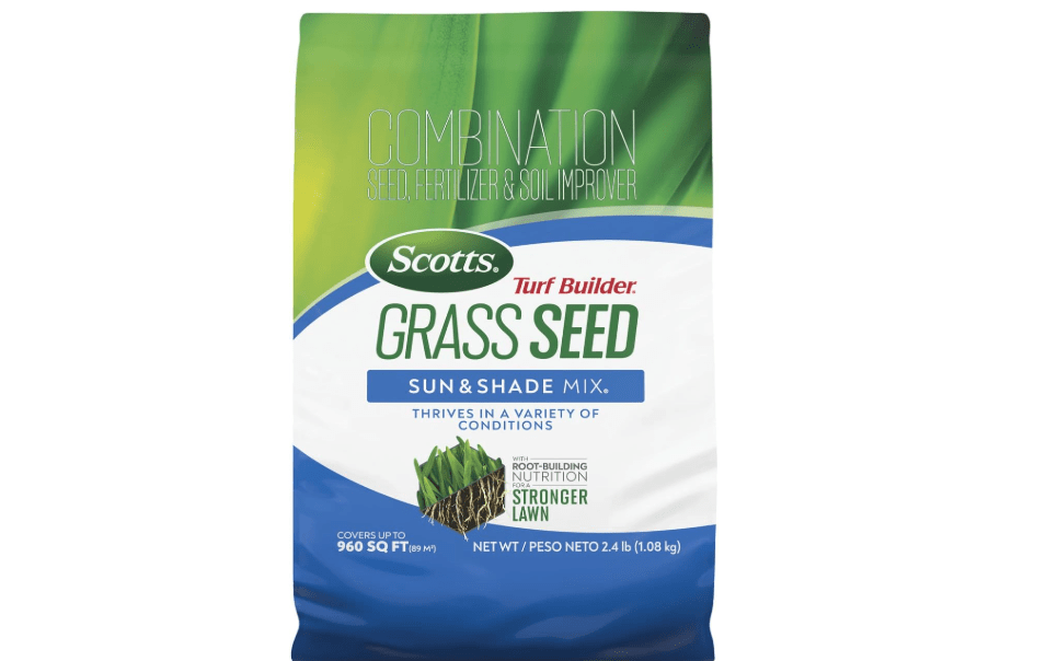 Scotts Turf Builder Grass Seed Sun & Shade Mix, 2.4 lbs. | Grass Seed Plus Lawn Fertilizer and Soil Improver, Thrives in Many Conditions, Covers