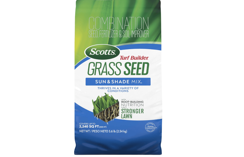 Scotts Turf Builder Grass Seed Sun & Shade Mix, 5.6 lbs. | Grass Seed Plus Lawn Fertilizer and Soil Improver, Thrives in Many Conditions, Covers Up