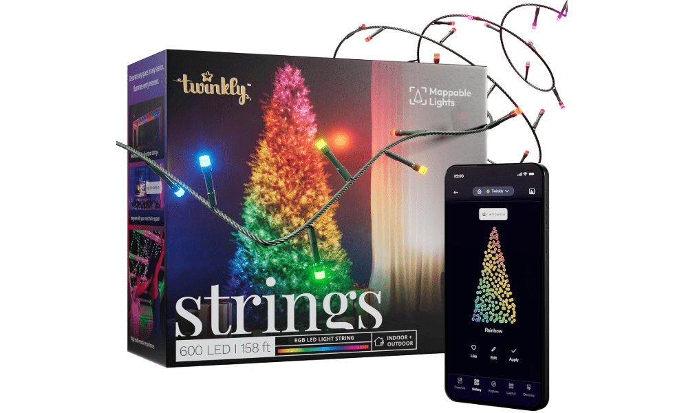 Twinkly Strings 600 LED RGB, LED Light String, Smart Multicolor LED Lights, Christmas Lights, Mappable LEDs, IP44, Green Wire, Packaging
