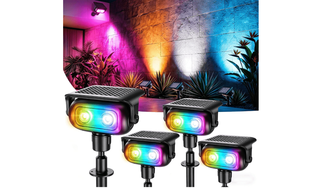 Brizled Solar Spot Lights Outdoor Color Changing 4 Pack Landscape Spotlight | RGB 9 Color 11 Mode; 360° Rotation; Waterproof; Stake/ Wall Mounted