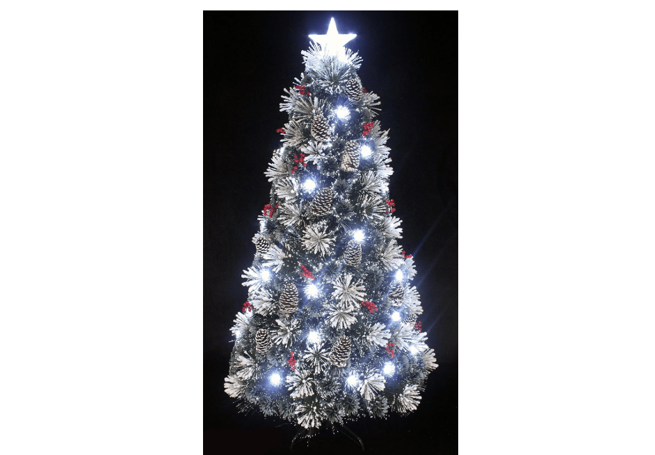 HOLIDAY STUFF 4 Foot Small Snowy White Pine Pre-lit Flocked Christmas Tree Fiber Optic Pre-lit with Cool White LED Lights