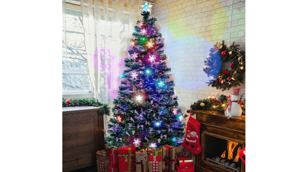 Juegoal 6 ft Pre-Lit Optical Fiber Christmas Artificial Tree, RGB Color Changing LED Lights, Snowflakes & Top Star, Fake Xmas Tree with Metal Legs