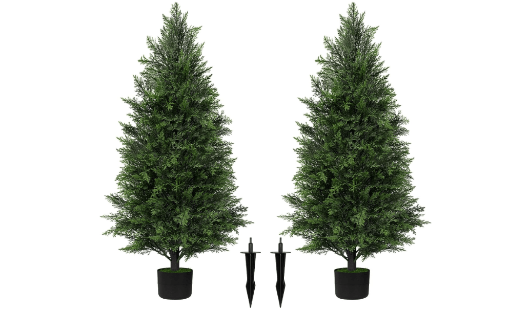
AOKIIE 3FT Artificial Cedar Tree, UV Resistant Fake Pine Tree | 2 Pack Outdoor Artificial Plants with Pot and Spike, Sturdy Build & No Maintenance