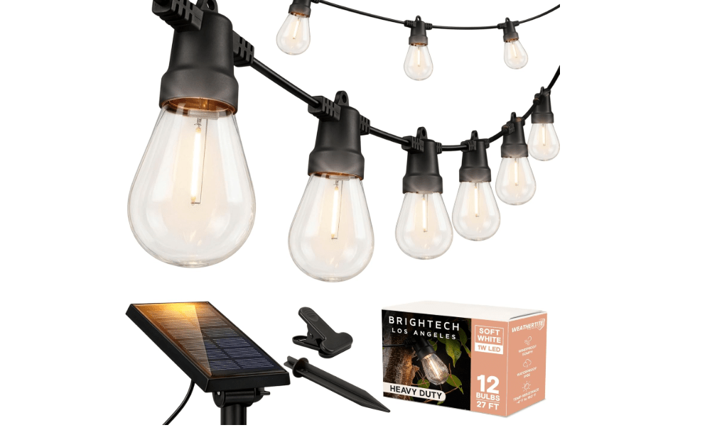 Brightech Ambience Pro Solar Powered Outdoor String Lights -27 ft Commercial Grade Waterproof Edison Patio Lights, Shatterproof LED String Lights for.