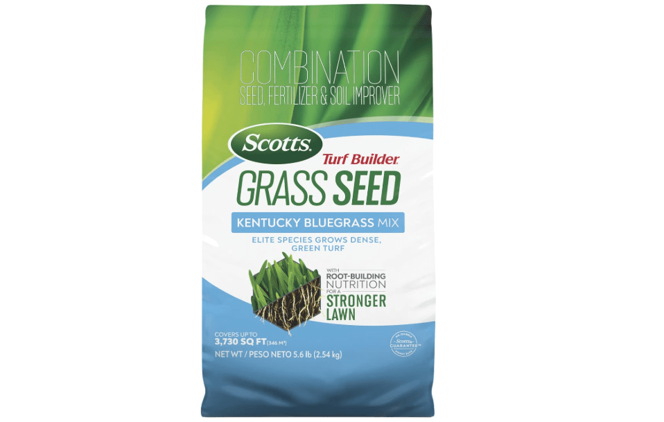  Scotts Turf Builder Grass Seed Kentucky Bluegrass Mix, 5.6 lbs. | Grass Seed Plus Lawn Fertilizer and Soil Improver, Grows Dense, Green Turf, Covers