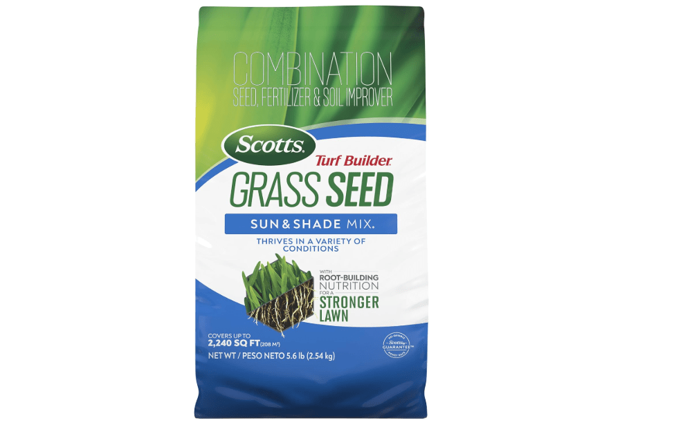 Scotts Turf Builder Grass Seed Sun & Shade Mix, 5.6 lbs. | Grass Seed Plus Lawn Fertilizer and Soil Improver, Thrives in Many Conditions, Covers