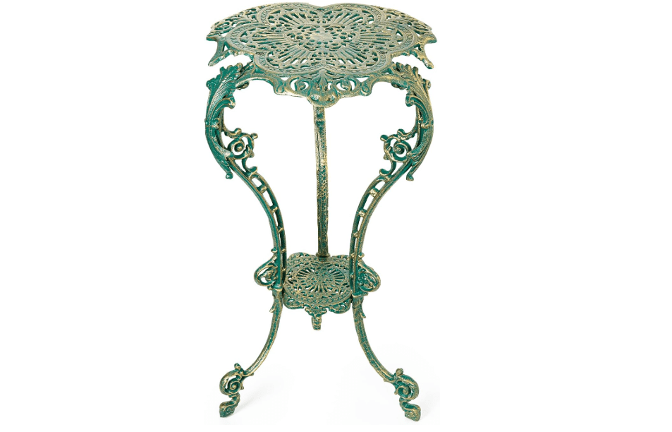 Sungmor Vintage Cast Iron Plant Stand - 2 layer 27.5 Inches Tall Green | Ornate Metal Plant Display Rack, Solid Weight Bearing Side Table for Garden