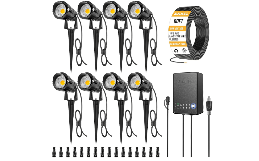 ZUCKEO All-in-One Landscape Lighting Kit, 5W LED Low Voltage Landscape Lights with Transformer and 80FT Wire, Waterproof Outdoor Spotlight with Connectors