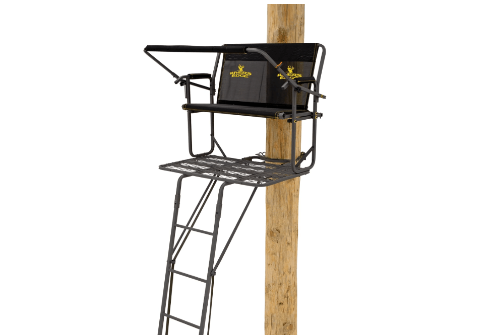 Rivers Edge TwoPlex LS 2-Man Ladder Stand, 17’1” Height, Lockdown Strapping System, Flip-Up TearTuff Mesh Bench Seat, 40” Wide Platform, 2-Way Adjustable