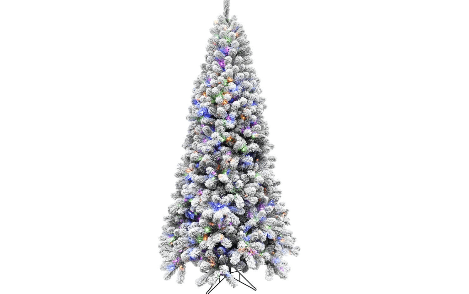 
Fraser Hill Farm 7.5-Ft. Alaskan Pine Flocked Artificial Christmas Tree with Dual Multicolor & Warm White LED Lights and Stand, Prelit Foldable Fake