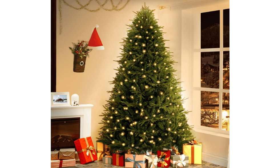 
Naomi Home Camden 7.5ft Prelit Artificial Christmas Tree with Foot Pedal, 2755 Branch Tips, 600 Warm Lights and Metal Stand, 58" Wide Realistic Hinged