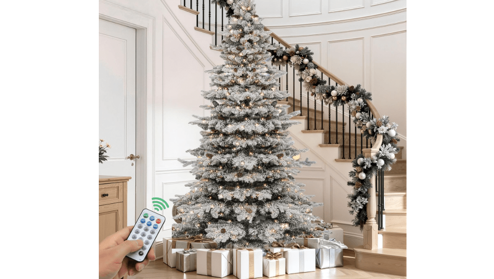 
YITAHOME Prelit Snow Flocked Christmas Tree 7.5ft with Remote | Hinged Pine Christmas Tree w/ 550 Warm White/Multicolor Changing Lights