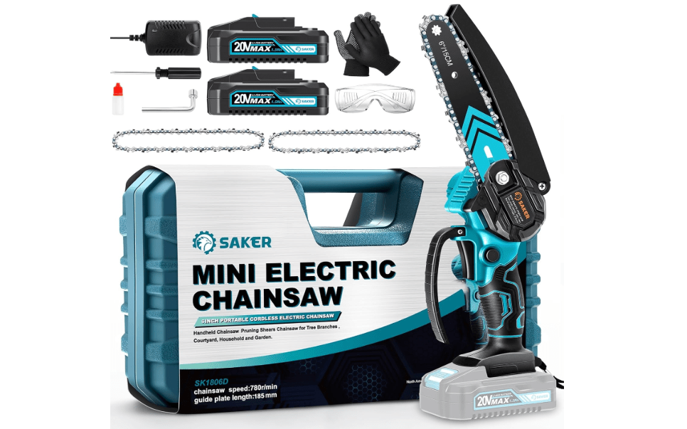 Saker Mini Chainsaw,6 Inch Electric Chainsaw Cordless with 2 Batteries Blue | Portable Small Handheld Chain saw for Tree Branches,Courtyard, Household