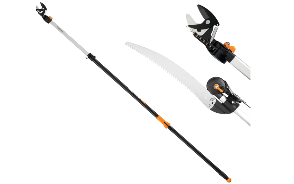 Fiskars 2-in-1 Extendable Tree Pruner and Pole Saw (Extends 7.9 - 12 feet) with Rotating Head, Pruning Stik Model with 15-Inch Double-Grind Saw Blade