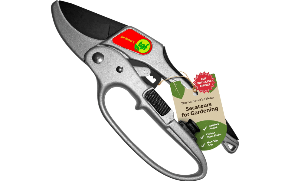 The Gardener's Friend Heavy Duty Ratchet Pruning Shears, Anvil | Manganese steel blade cuts thick branches to 1 inch. Aluminum body garden clippers