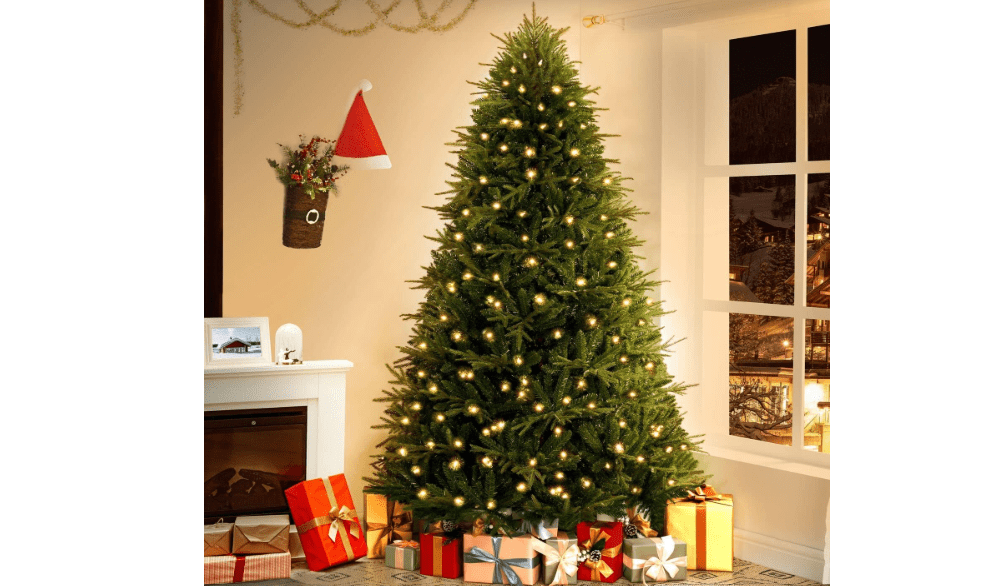 Naomi Home Camden 7.5ft Prelit Artificial Christmas Tree with Foot Pedal, 2755 Branch Tips, 600 Warm Lights and Metal Stand, 58" Wide Realistic