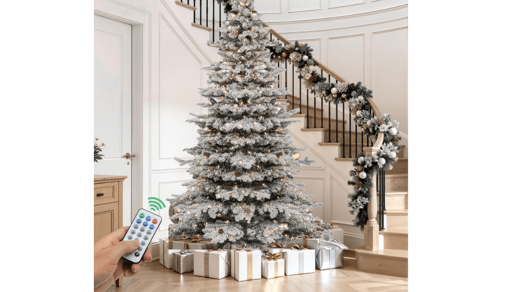 YITAHOME Prelit Snow Flocked Christmas Tree 7.5ft with Remote | Hinged Pine Christmas Tree w/ 550 Warm White/Multicolor Changing Lights