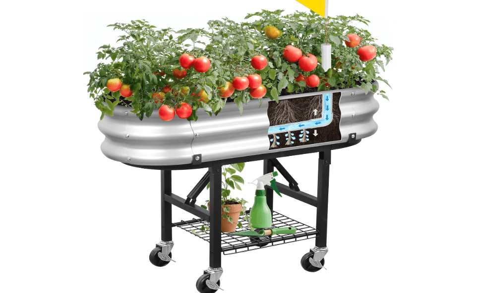 
Self-Watering Raised Garden Bed with Legs, Wheels, and Foldable Stand | Easy-Install Planter Box for Vegetables, Herbs, Galvanized Metal Elevated