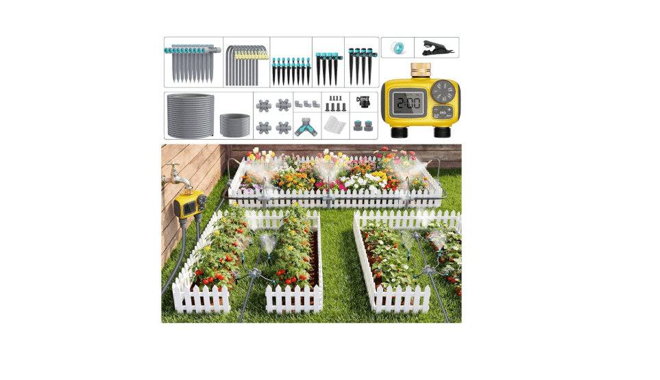TRJZWA 172FT Drip Irrigation System Kit with 2 Zone Water Timer for Garden | 1/2" High-Flow Mainline Auto Watering, 26pcs 360° Nozzles & 6-Way