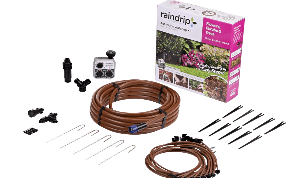 Raindrip SDFSTH1P Automatic Drip Irrigation Watering Kit with Timer for Flowers, Shrubs, and Trees, Waters up to 10 Plants, Includes Timer with Customizable