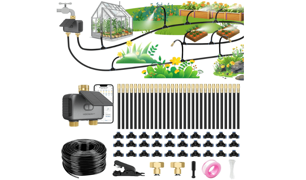 HEKIWAY 120FT WiFi Solar Drip Irrigation System, Dual Zone Timer | App Control, Solar and USB Power, Dual-Zone Watering for Garden, Greenhouse