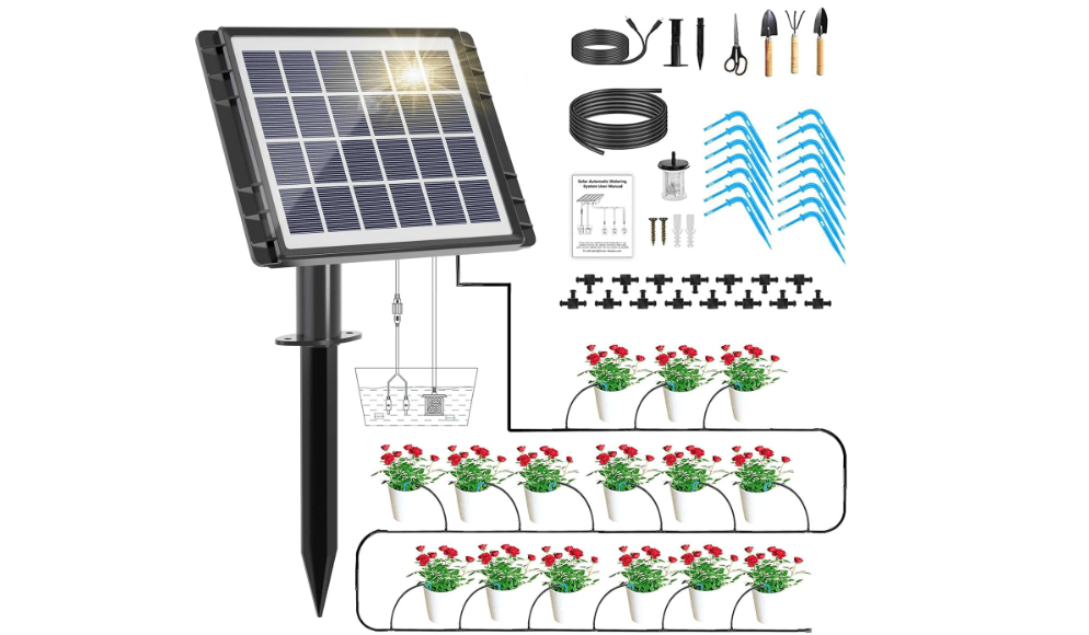 HEKIWAY 49FT Solar Drip Irrigation System Kit, Auto Watering for 15 Pots | 25 Timer Modes, 900ml/min Flow, Solar and Usb Power for Indoor Outdoor