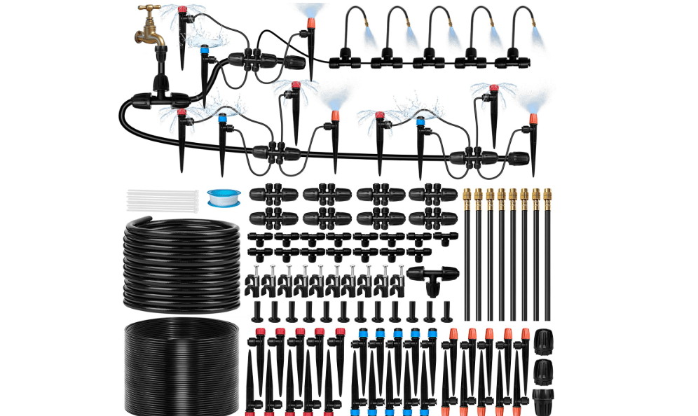 230FT Drip Irrigation System for Garden with 38pcs Adjustable Copper Nozzles & Emitters, Automatic Garden Watering System with 1/2" & 1/4