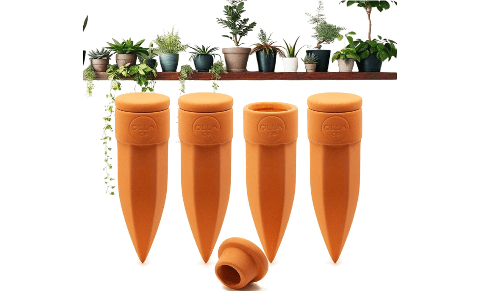 The Olla Company Terracotta Watering Spikes with Lids, Small 4 Pack | Self watering spikes for indoor or outdoor plants; ideal for 4"–6" in pots