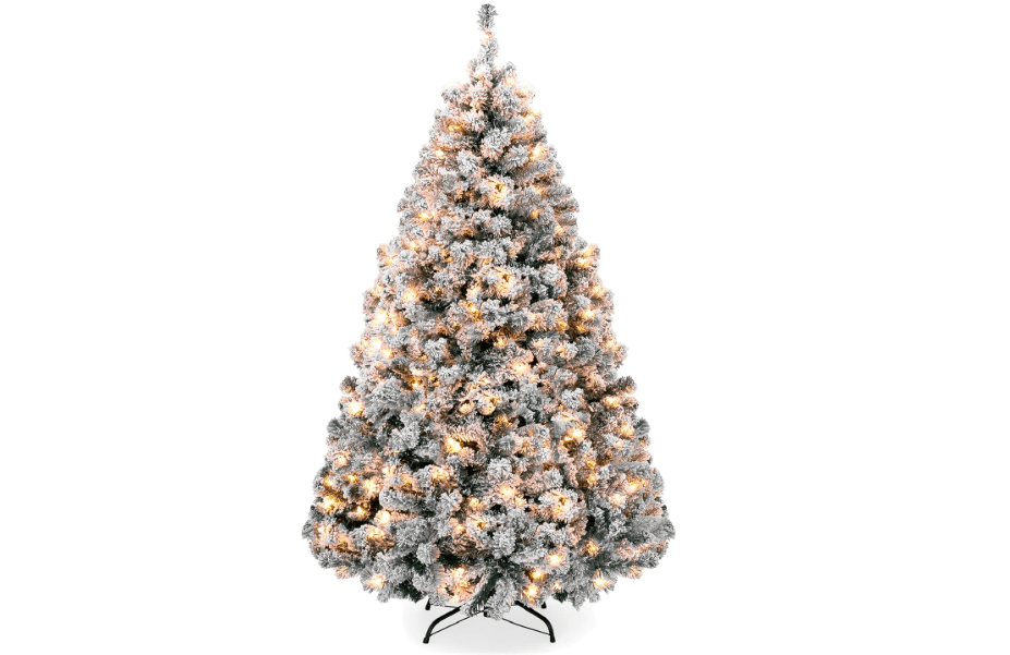 Best Choice Products 7.5ft Pre-Lit Artificial Christmas Tree Twinkling LEDs, Snow Flocked Design Pine Tree, Full Appearance Lighted Snowy w/Easy Assembly