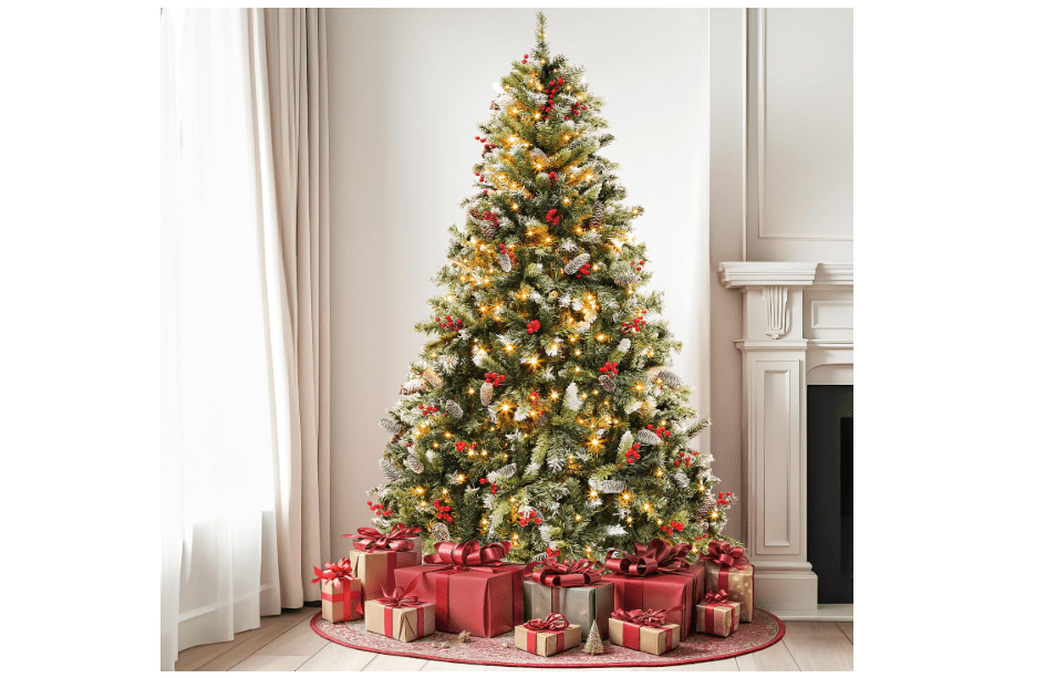 
DWVO 6FT Pre-Lit Christmas Tree Pine Cones Red Berries 818 Tips 250 Light | Pre-decorated with 58 pine cones, 58 red berries & dual-color lights