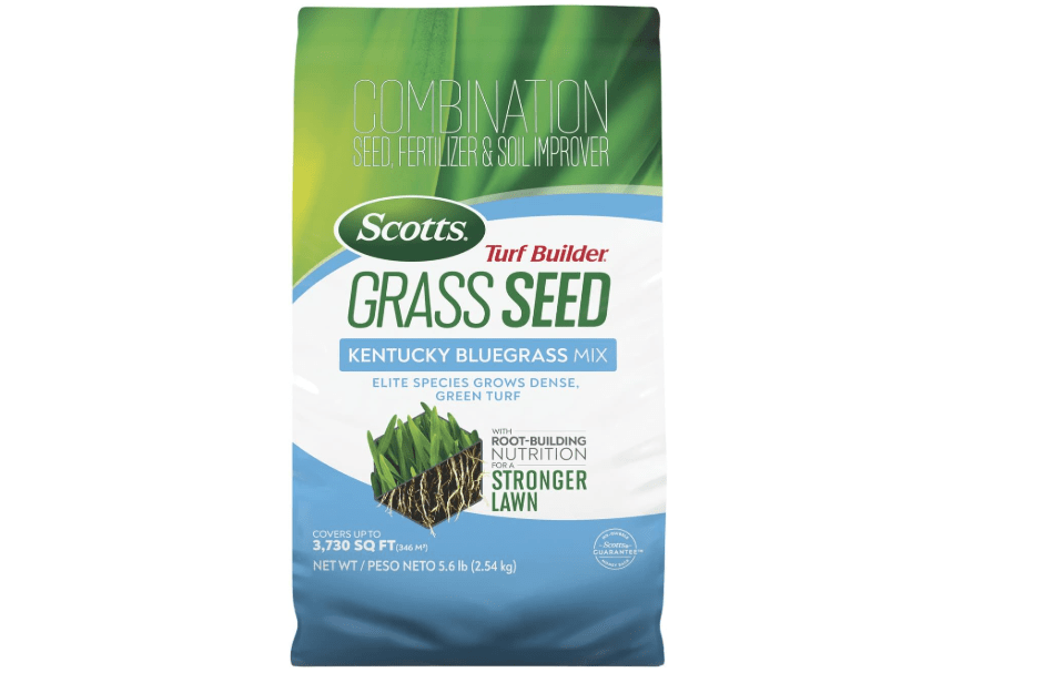 Scotts Turf Builder Grass Seed Kentucky Bluegrass Mix, 5.6 lbs. | Grass Seed Plus Lawn Fertilizer and Soil Improver, Grows Dense, Green Turf, Covers