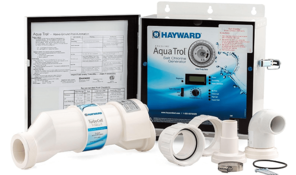  Hayward W3AQ-TROL-RJ-TL AquaTrol Salt Chlorinator System for Above-Ground Pools up to 18,000 Gallons with Return Jet Fittings, Twist Lock