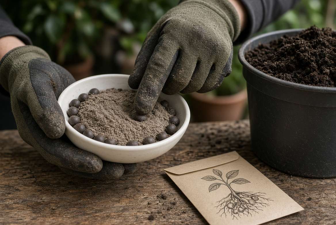 Garden gloves holding a dish with damp bean seeds being coated in fine Rhizobium legume inoculant powder before planting