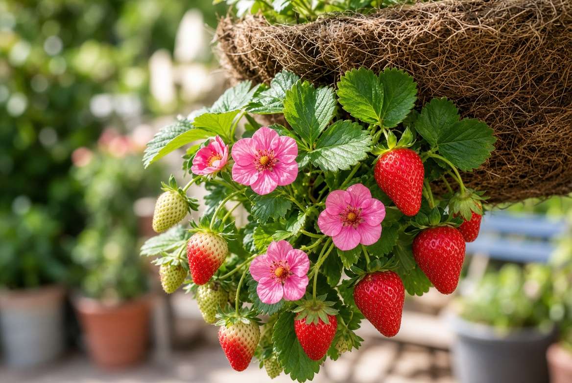 a vibrant close-up photograph of a 'Toscana' strawberry plant in a hanging basket, showing its deep pink blossoms and ripe red fruit.
