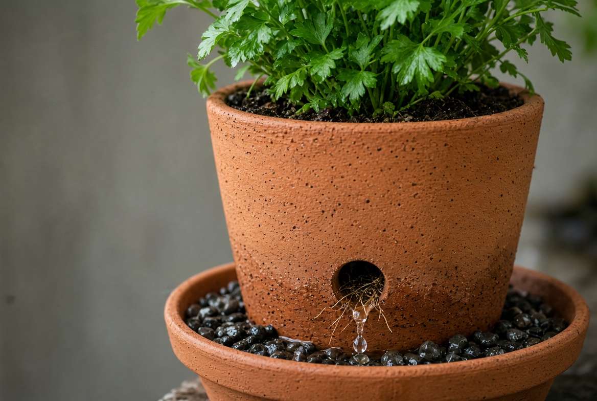 Close-up view of water dripping from the drainage hole of a terracotta pot into a pebble-filled saucer.