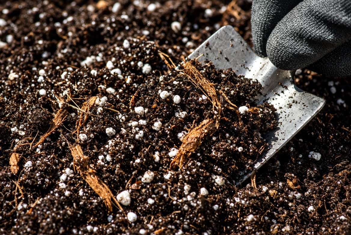 A close-up photograph showing the texture of a high-quality potting soil mix containing coconut coir and perlite, essential for growing easy pepper varieties in container gardens.