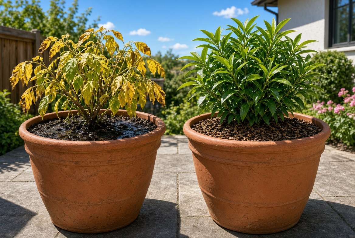 Comparison of a plant with root rot symptoms and a healthy container plant.