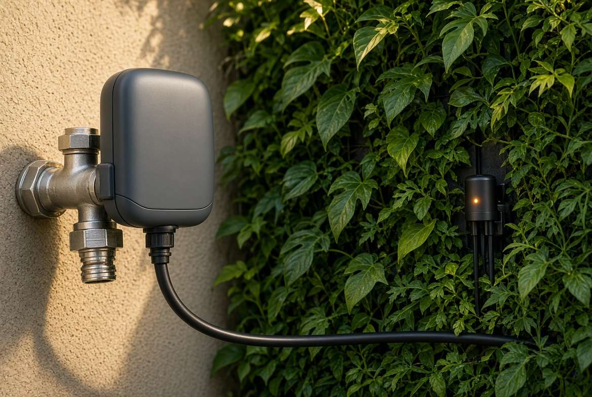 Smart Wi-Fi irrigation timer and soil moisture sensor installed on a living wall garden