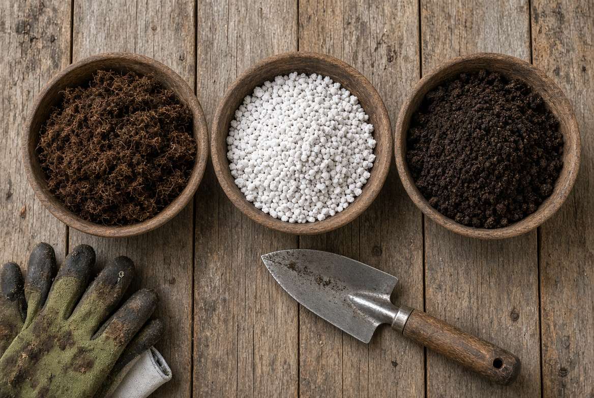 Overhead view of three wooden bowls containing coco coir, white perlite, and dark worm castings (compost) as raw soil amendments for potting mix.