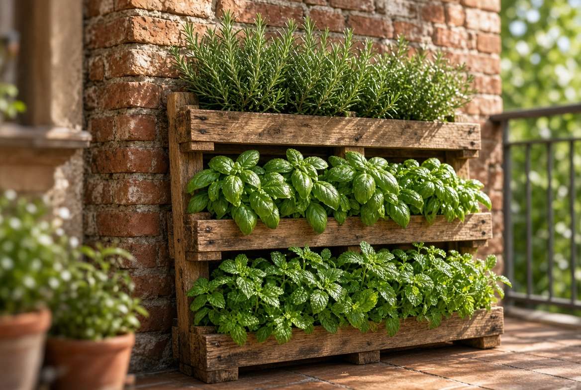 A three-tiered vertical DIY pallet garden showcasing different herbs planted in their ideal micro-climates.