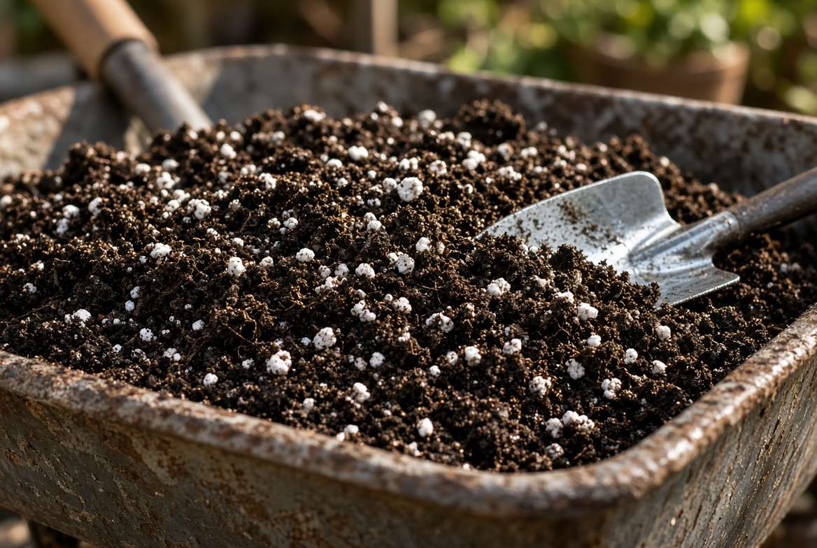 A close-up of a high-quality, lightweight soil mix with perlite and compost for container gardening.