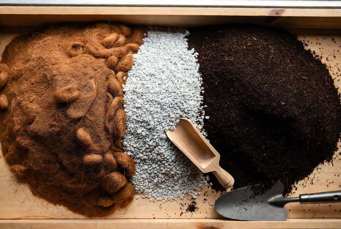 An overhead flat lay photograph showing three distinct piles of soil ingredients: coco coir, white perlite, and dark compost worm castings for container gardening.