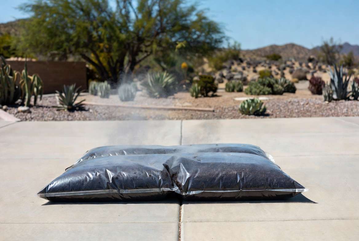 Clear plastic bags filled with moist soil lying on concrete in direct, intense sunlight for solarization sterilization.