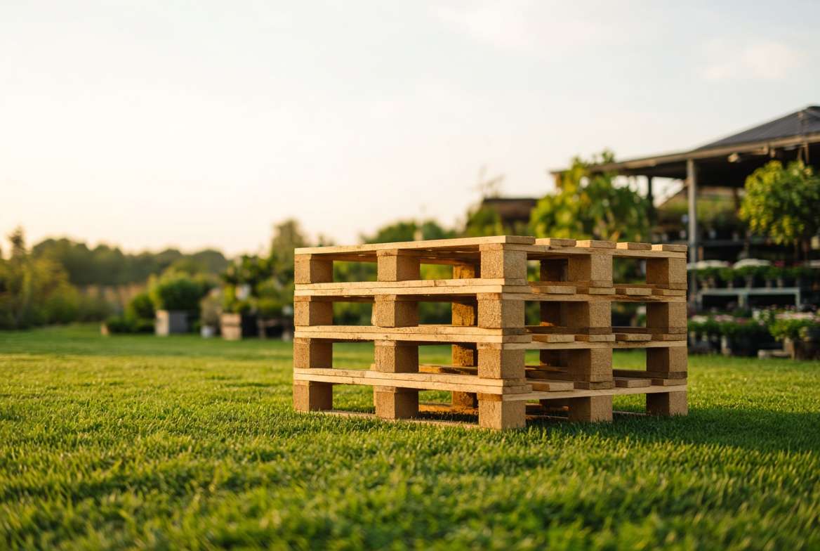 A stack of clean, untreated wooden shipping pallets outdoors on the grass.