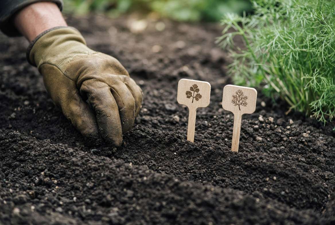 Close-up of direct sowing seeds in a garden bed with wooden herb markers