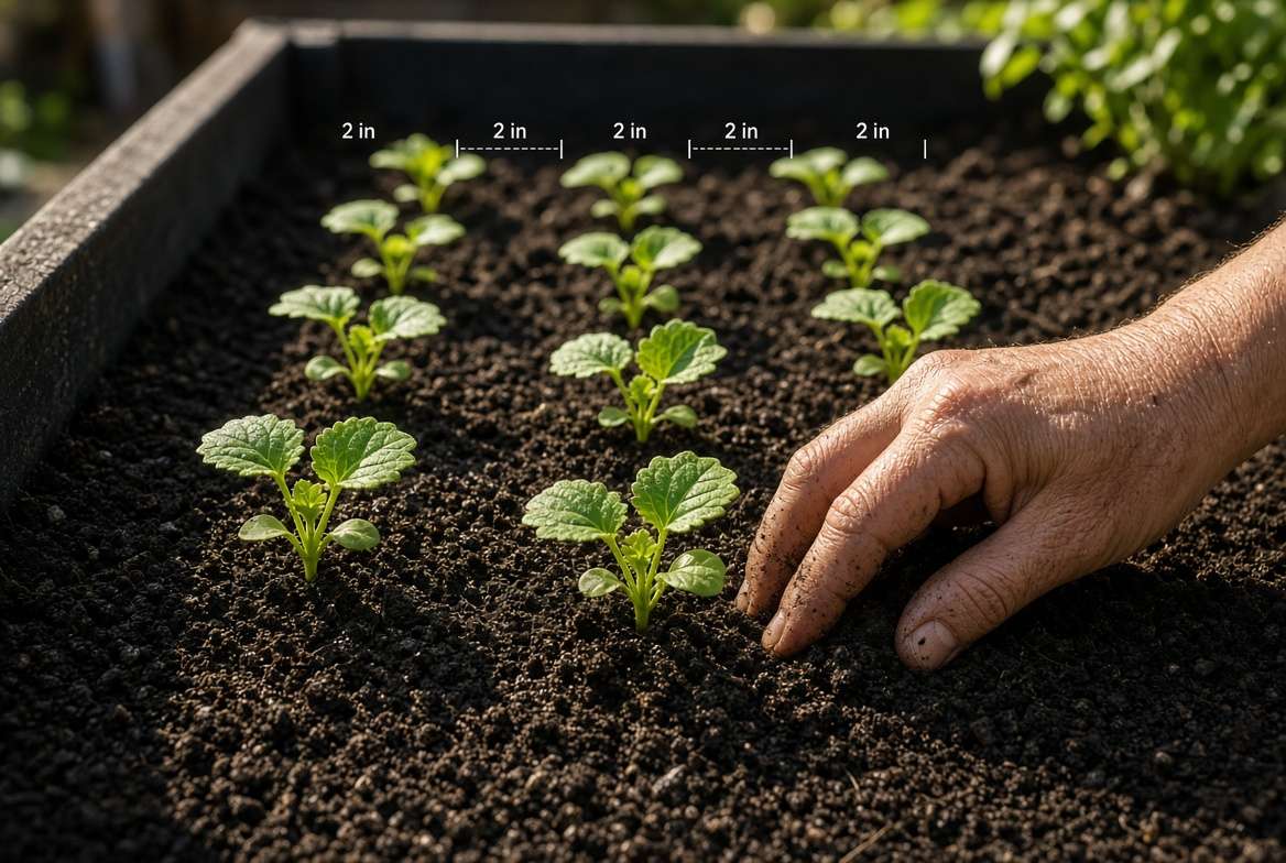 Detailed view of young radish seedlings growing in a precise row within a container, showing correct 2-inch spacing after thinning.